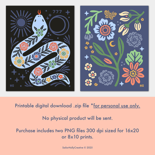 Two Pack: Printable Art Digital Download Files PNG (Moonlit Garden & Floral Serpent in Peri Blue)