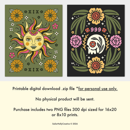 Two Pack: Printable Art Digital Download Files PNG (Floral Sun XIX & Floral Skull 999)