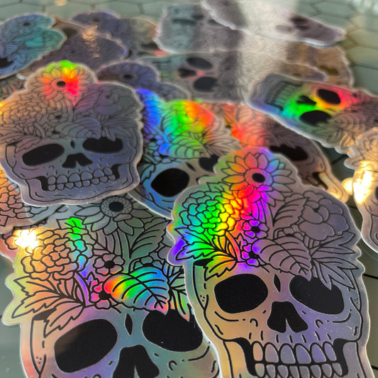 3 in Vinyl Sticker - Holographic Skull Flowerpot