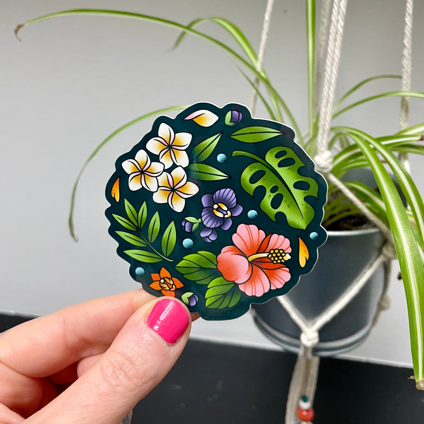 4 in Vinyl Sticker - Tropical Floral & Leaf Circle