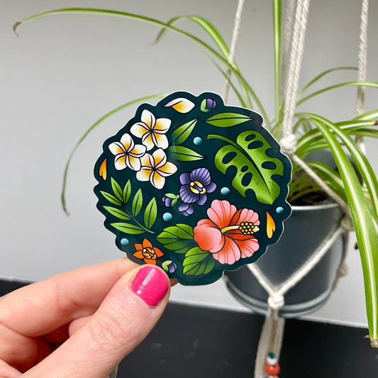 4 in Vinyl Sticker - Tropical Floral & Leaf Circle