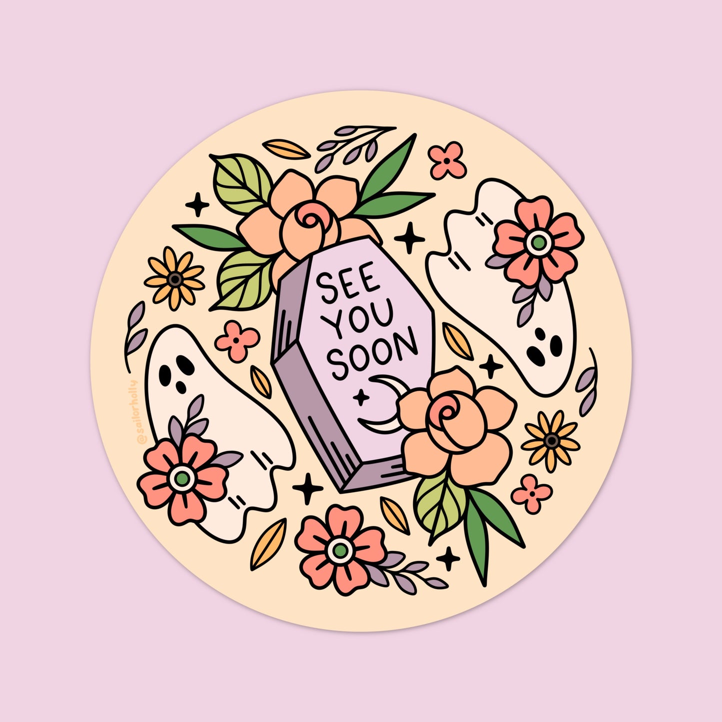 4 in Vinyl Sticker - “See You Soon” Ghosts, Flowers, and Coffin