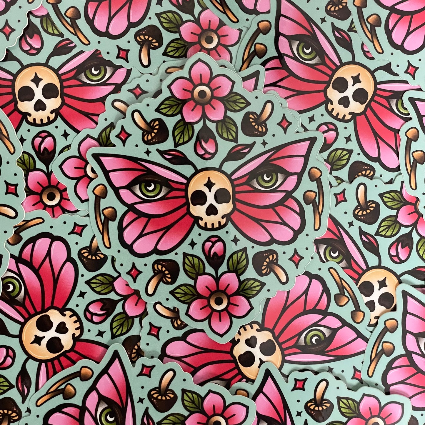 4 in Vinyl Sticker - Skull Moth, Mushrooms, & Flowers