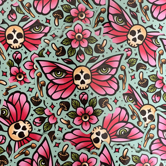 4 in Vinyl Sticker - Skull Moth, Mushrooms, & Flowers