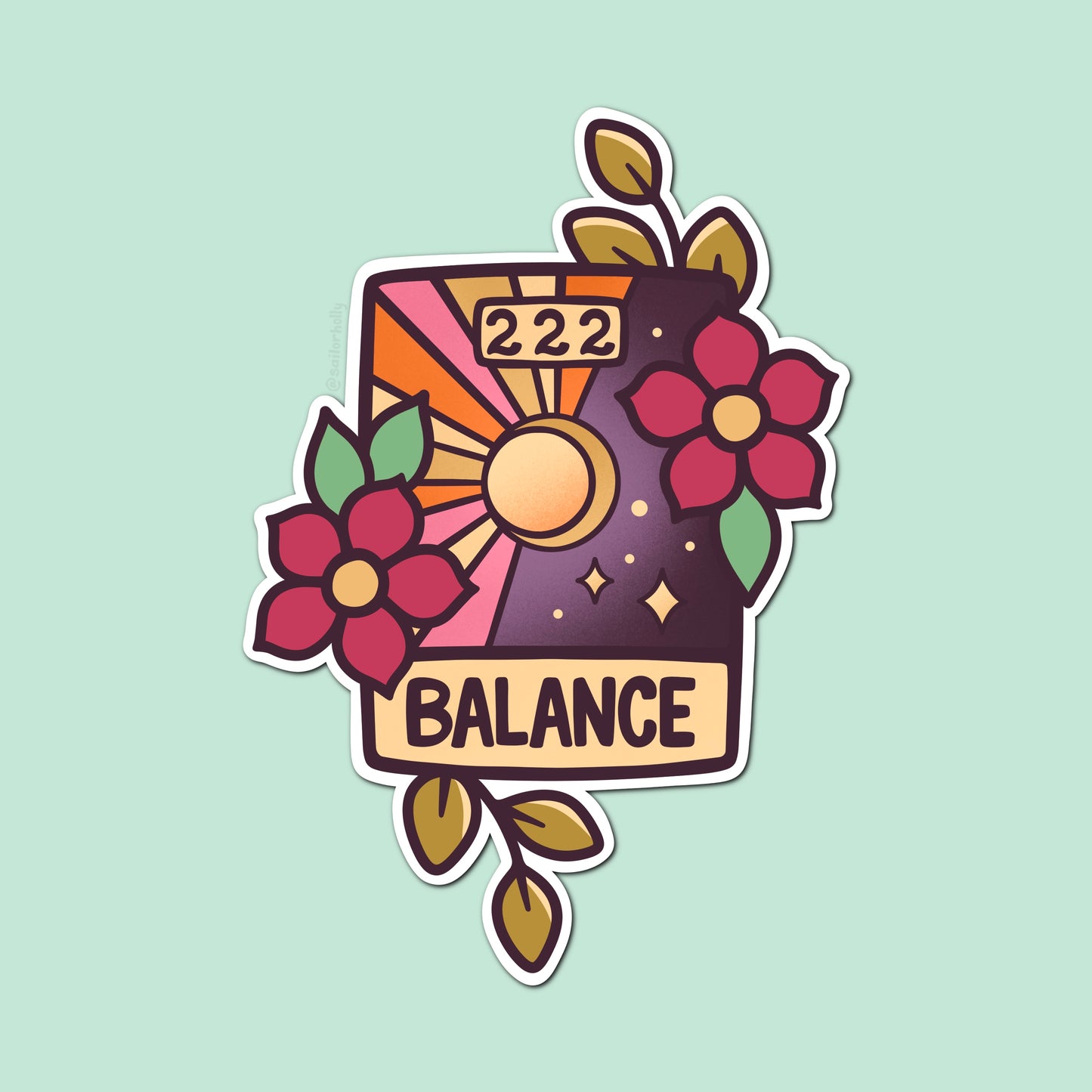 3 in Vinyl Sticker - “Balance 222” Sun, Moon, and Flowers