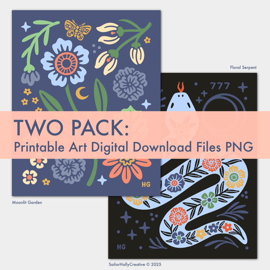 Two Pack: Printable Art Digital Download Files PNG (Moonlit Garden & Floral Serpent in Peri Blue)