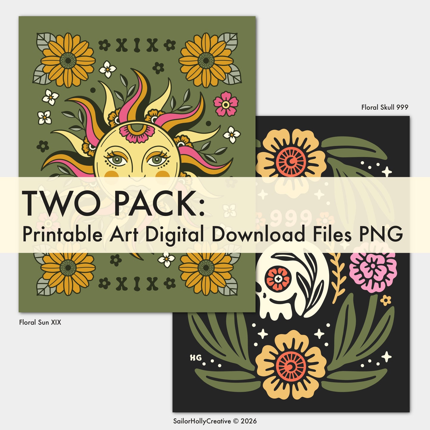 Two Pack: Printable Art Digital Download Files PNG (Floral Sun XIX & Floral Skull 999)