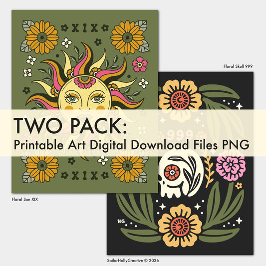 Two Pack: Printable Art Digital Download Files PNG (Floral Sun XIX & Floral Skull 999)