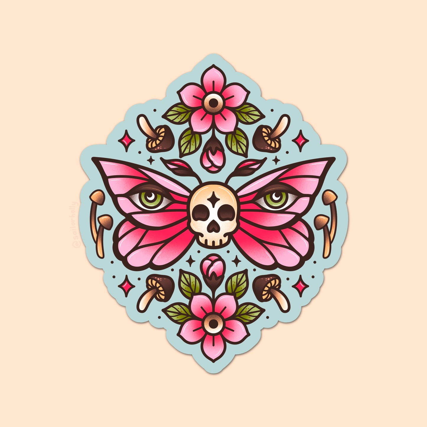 4 in Vinyl Sticker - Skull Moth, Mushrooms, & Flowers