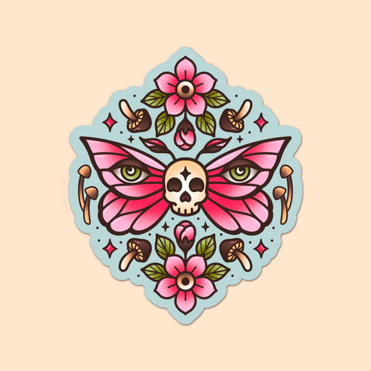 4 in Vinyl Sticker - Skull Moth, Mushrooms, & Flowers