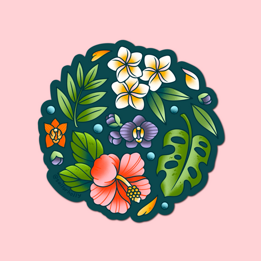 4 in Vinyl Sticker - Tropical Floral & Leaf Circle