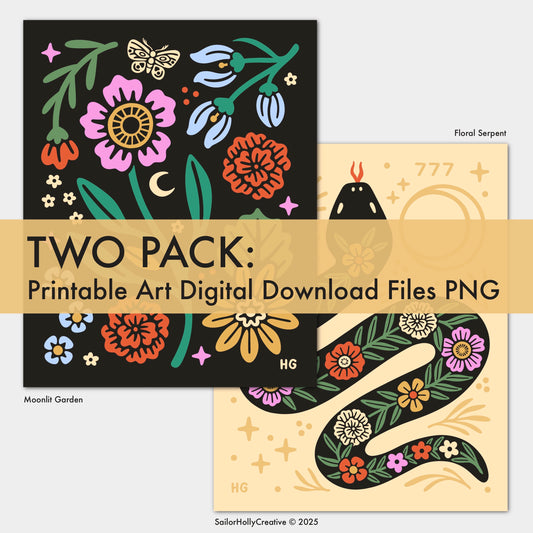 Two Pack: Printable Art Digital Download Files PNG (Moonlit Garden & Floral Serpent)