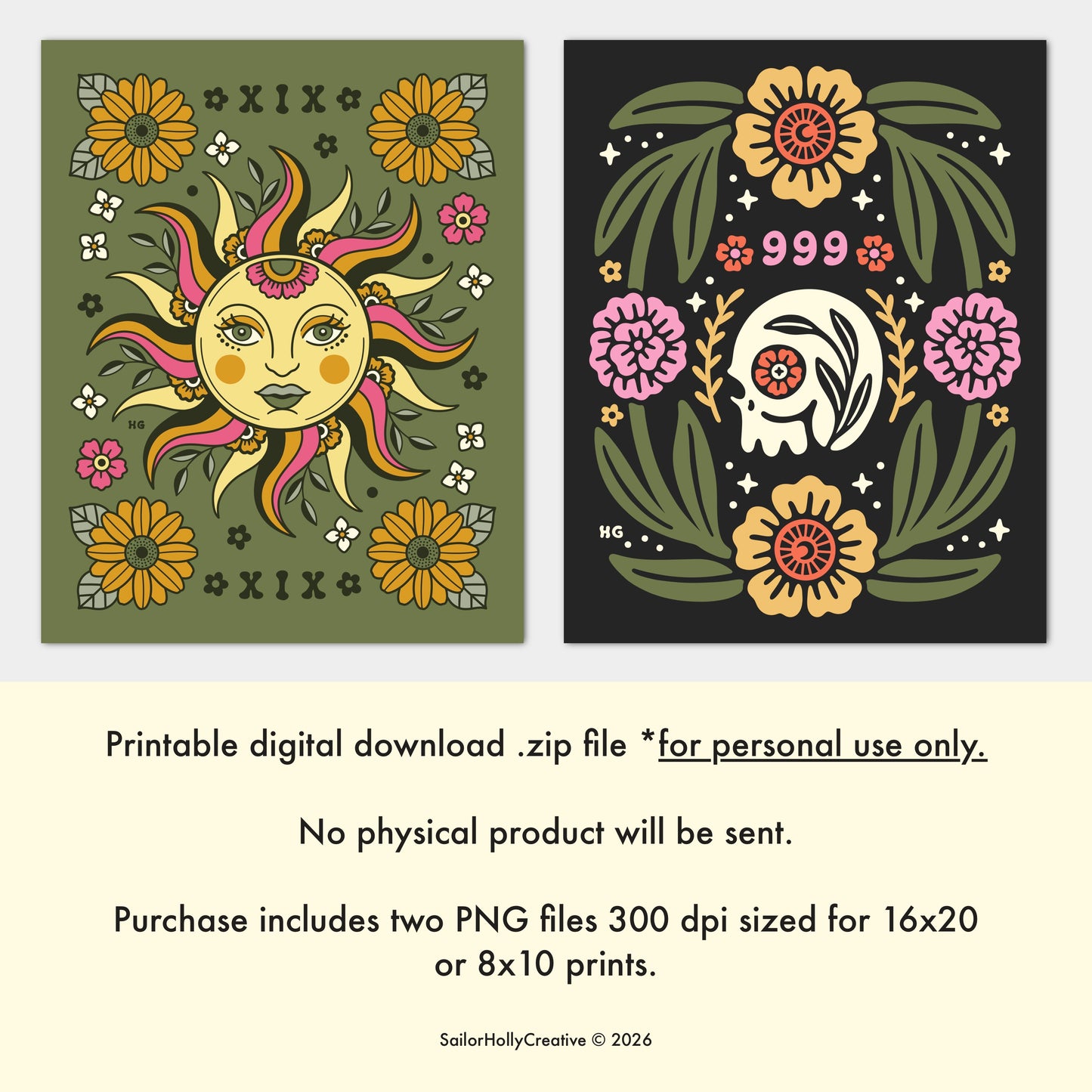Two Pack: Printable Art Digital Download Files PNG (Floral Sun XIX & Floral Skull 999)
