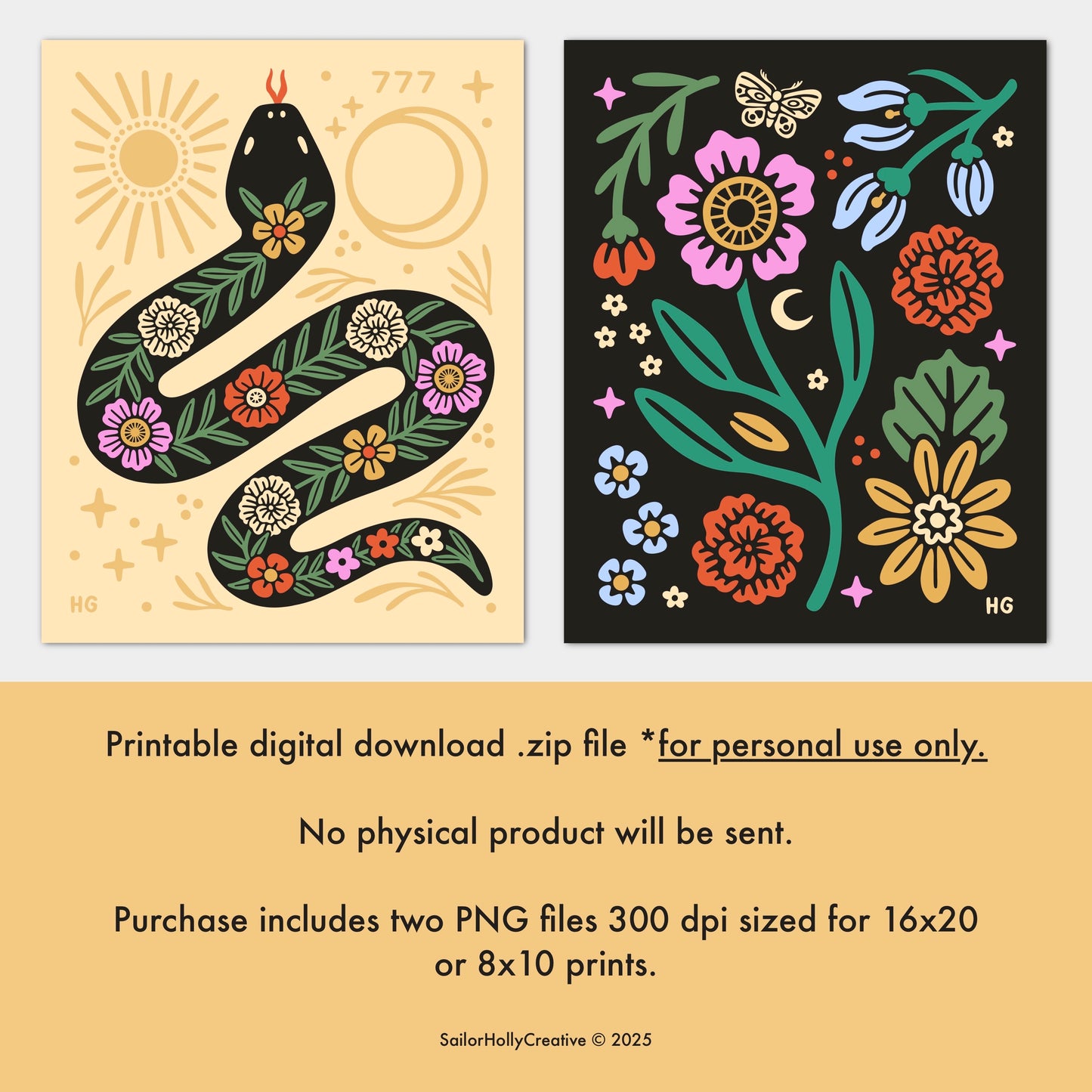 Two Pack: Printable Art Digital Download Files PNG (Moonlit Garden & Floral Serpent)