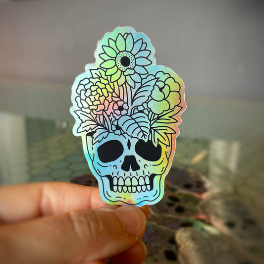 3 in Vinyl Sticker - Holographic Skull Flowerpot