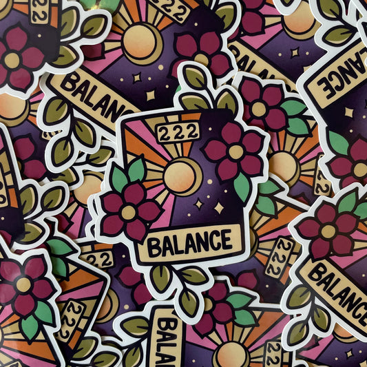 3 in Vinyl Sticker - “Balance 222” Sun, Moon, and Flowers