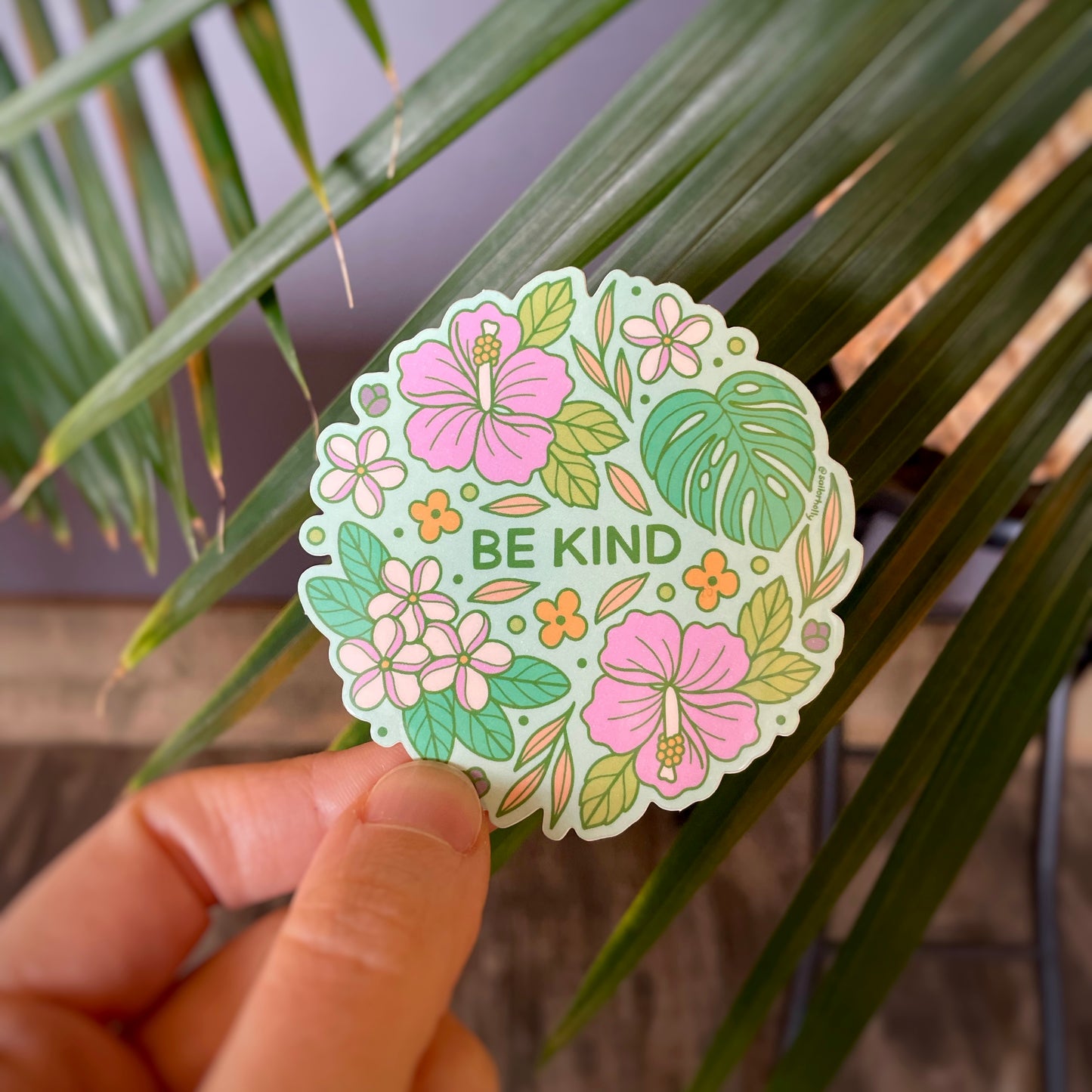4 in Vinyl Sticker - “Be Kind” Tropical Flowers & Monstera